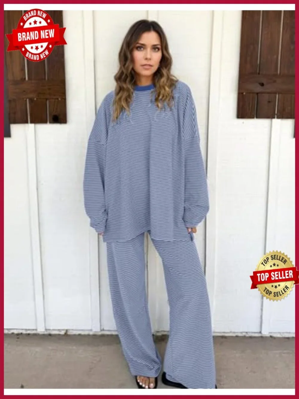 Women's 2 Piece Lounge Set Long Sleeve Striped Top Wide Leg Pants Cotton